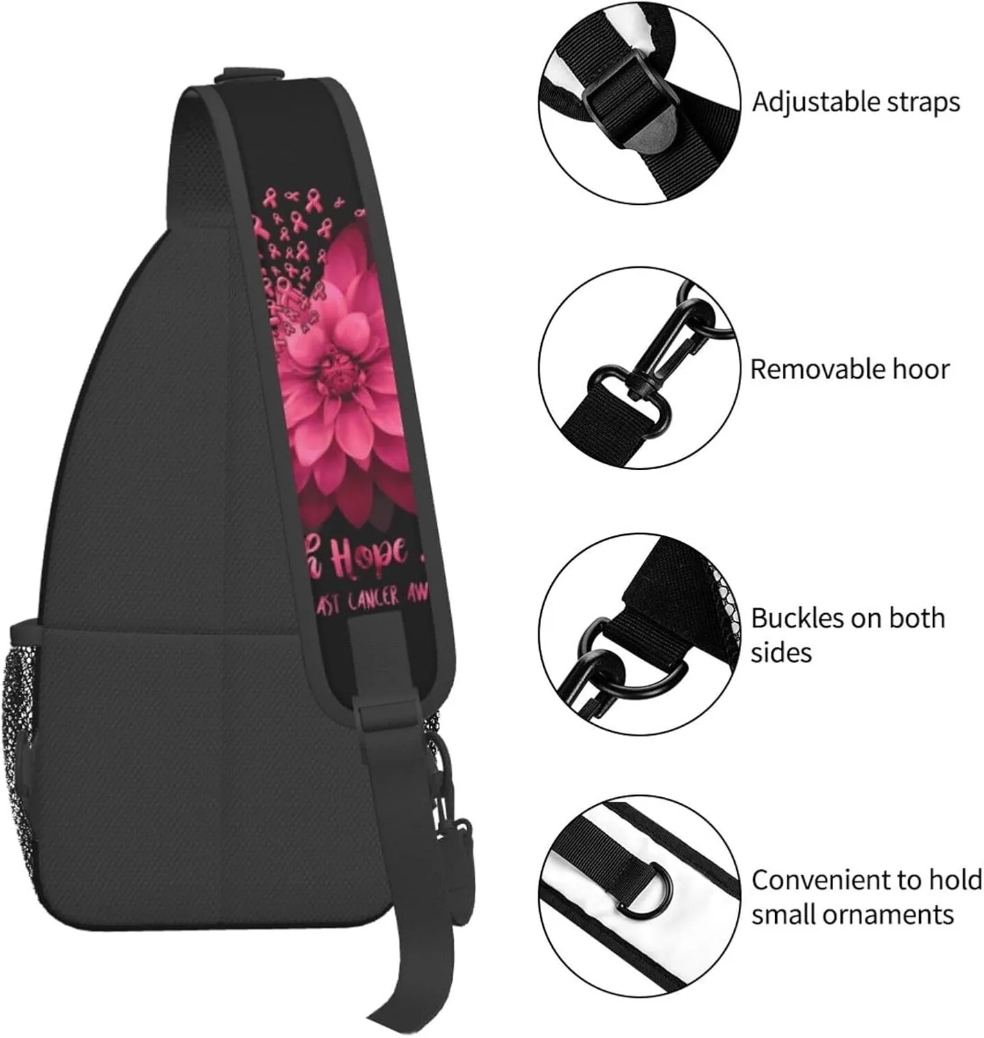 Breast Cancer Awareness Flowers Sling Bag Chest Bags Adjustable Crossbody Bag Shoulder Backpack For Travel Hiking
