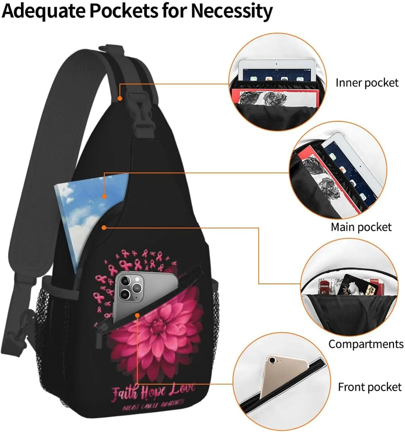 Breast Cancer Awareness Flowers Sling Bag Chest Bags Adjustable Crossbody Bag Shoulder Backpack For Travel Hiking