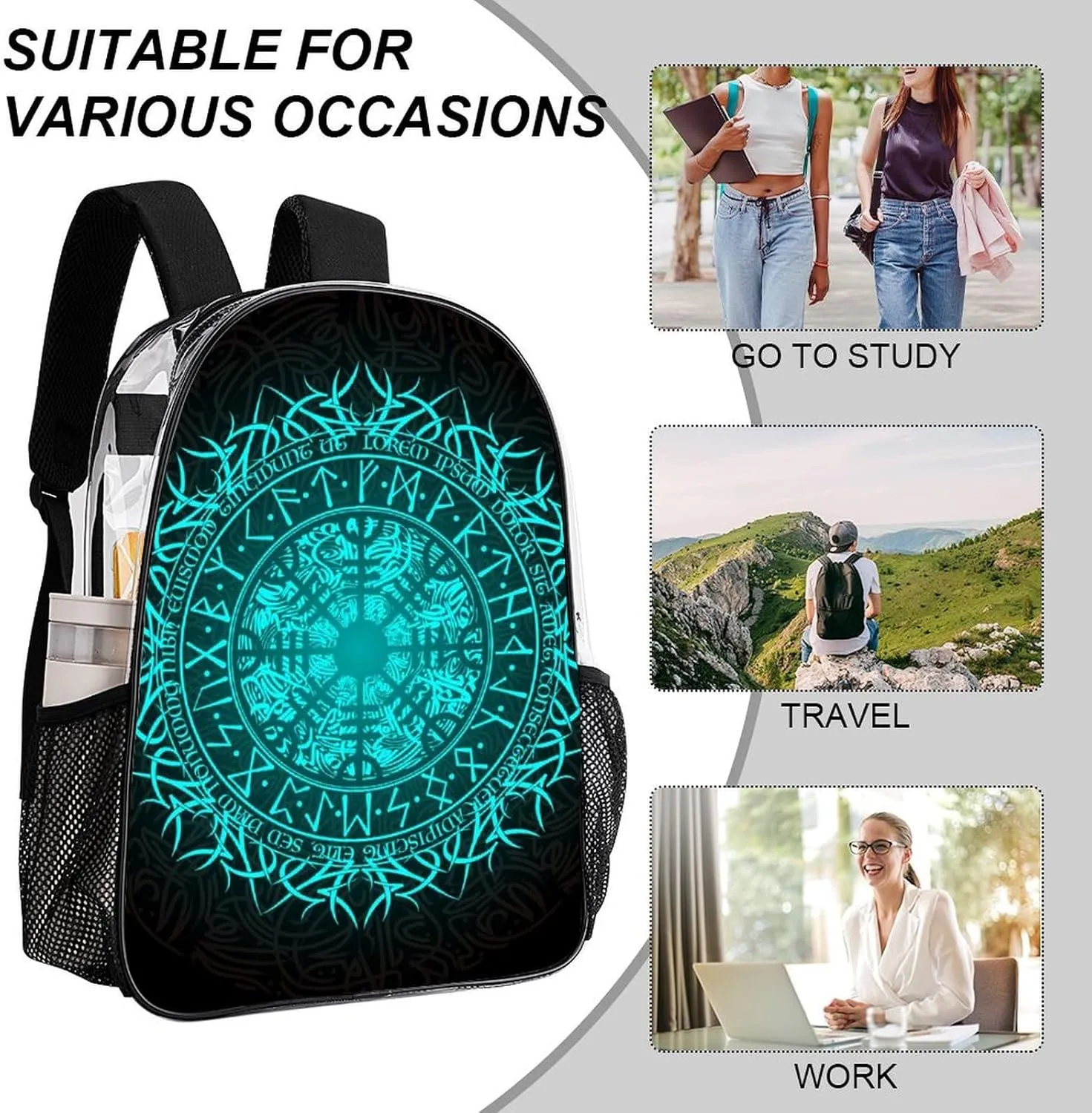 Bue Circle Viking Vegvisir Runic Compass Transparent Fashion Waterproof PVC Transparent Backpack Unisex 17 Inches