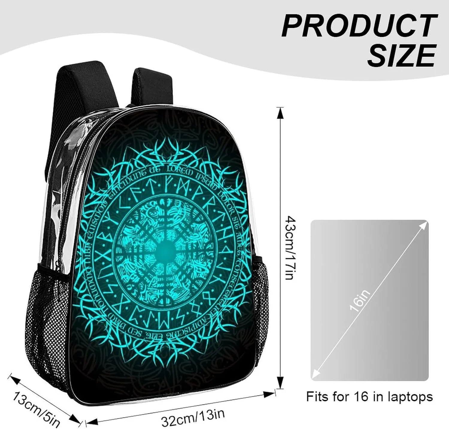Bue Circle Viking Vegvisir Runic Compass Transparent Fashion Waterproof PVC Transparent Backpack Unisex 17 Inches