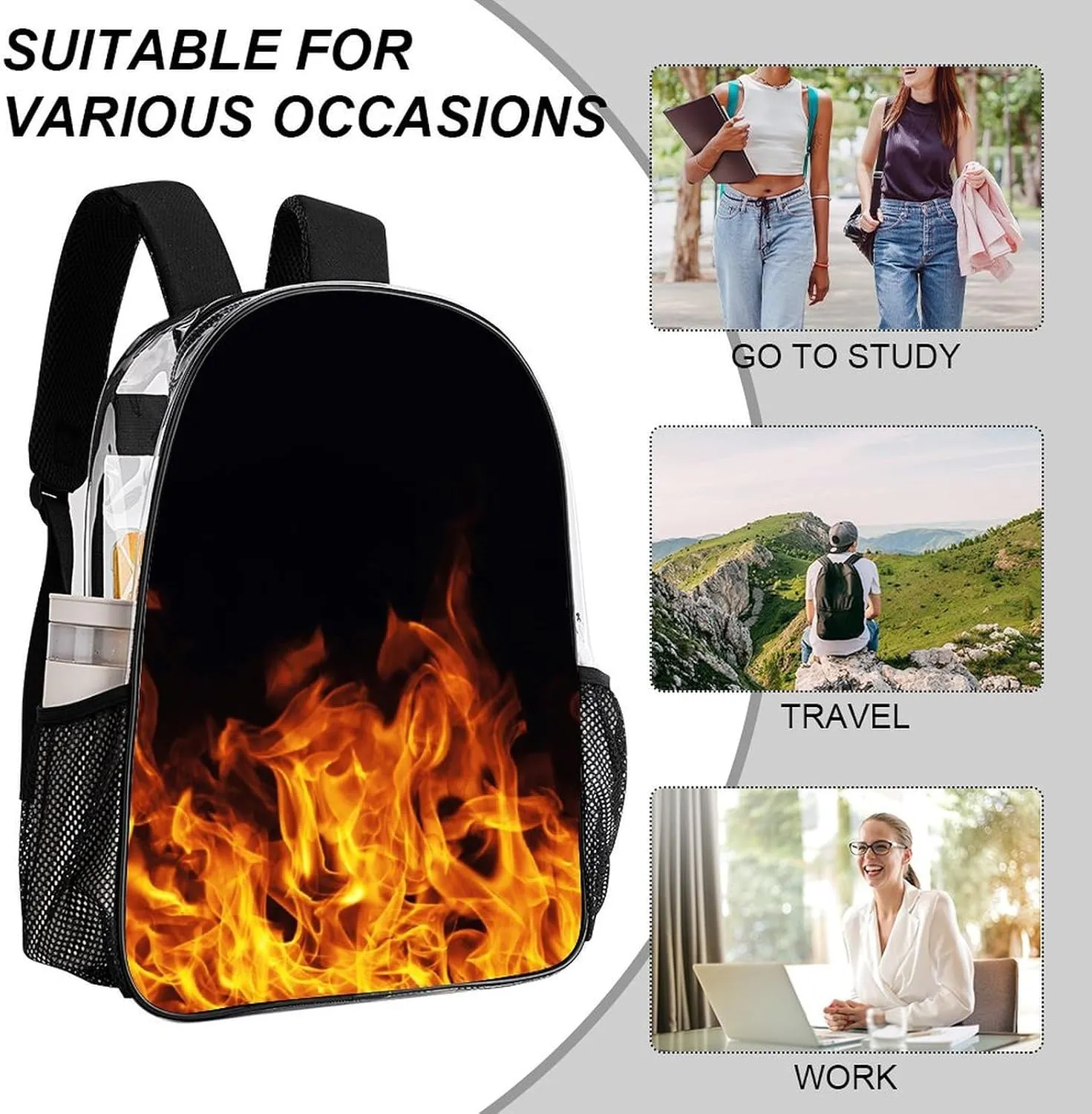 Burning Fire Flame on Black Transparent Fashion Waterproof PVC Transparent Backpack Unisex 17 Inches