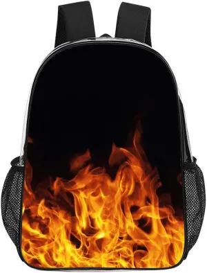 Burning Fire Flame on Black Transparent Fashion Waterproof PVC Transparent Backpack Unisex 17 Inches