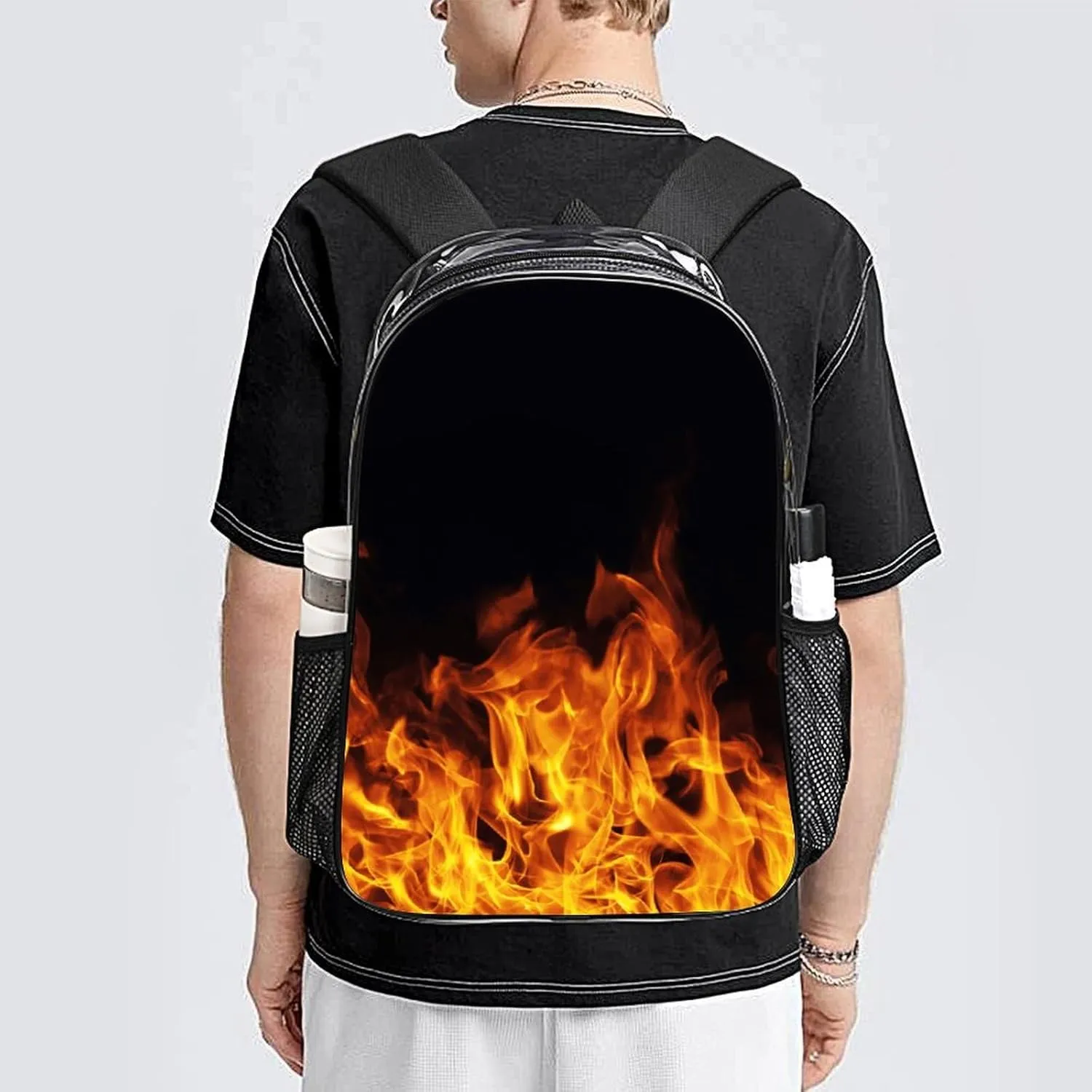 Burning Fire Flame on Black Transparent Fashion Waterproof PVC Transparent Backpack Unisex 17 Inches