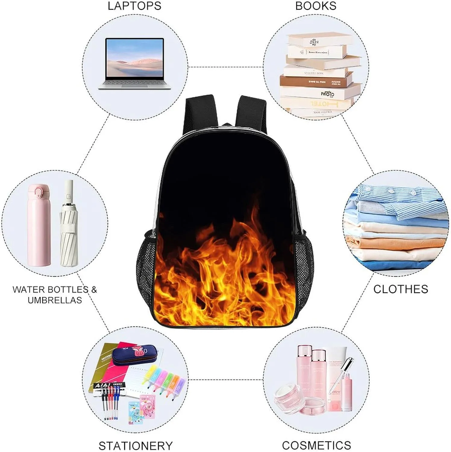 Burning Fire Flame on Black Transparent Fashion Waterproof PVC Transparent Backpack Unisex 17 Inches
