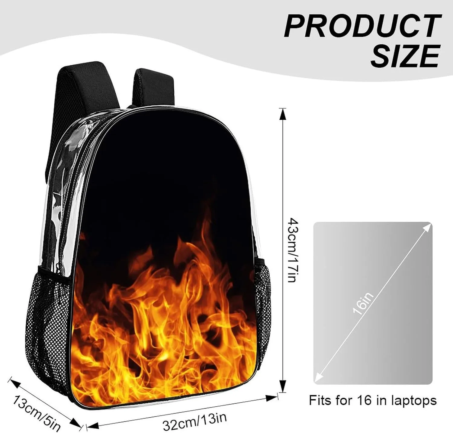 Burning Fire Flame on Black Transparent Fashion Waterproof PVC Transparent Backpack Unisex 17 Inches