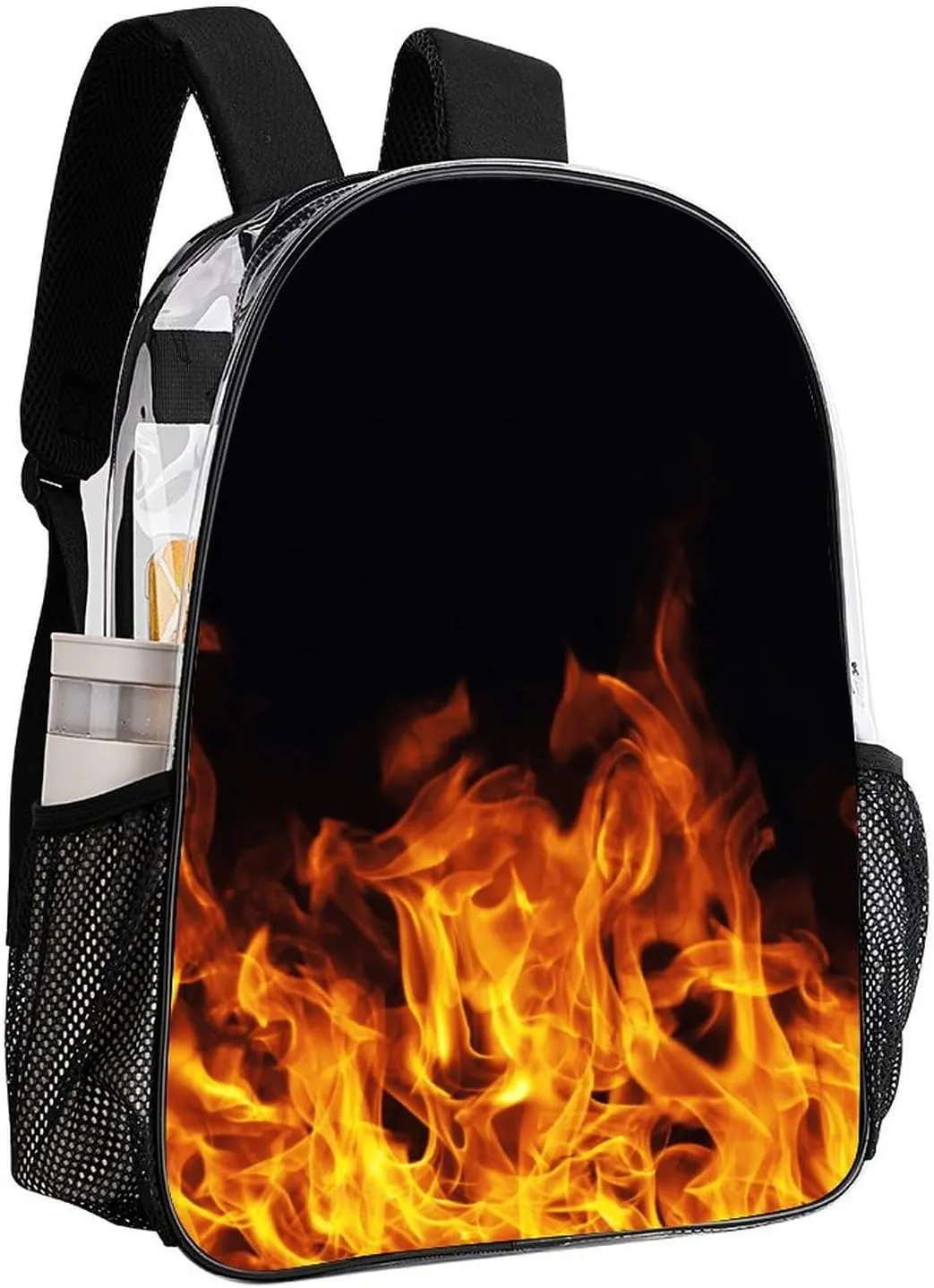 Burning Fire Flame on Black Transparent Fashion Waterproof PVC Transparent Backpack Unisex 17 Inches
