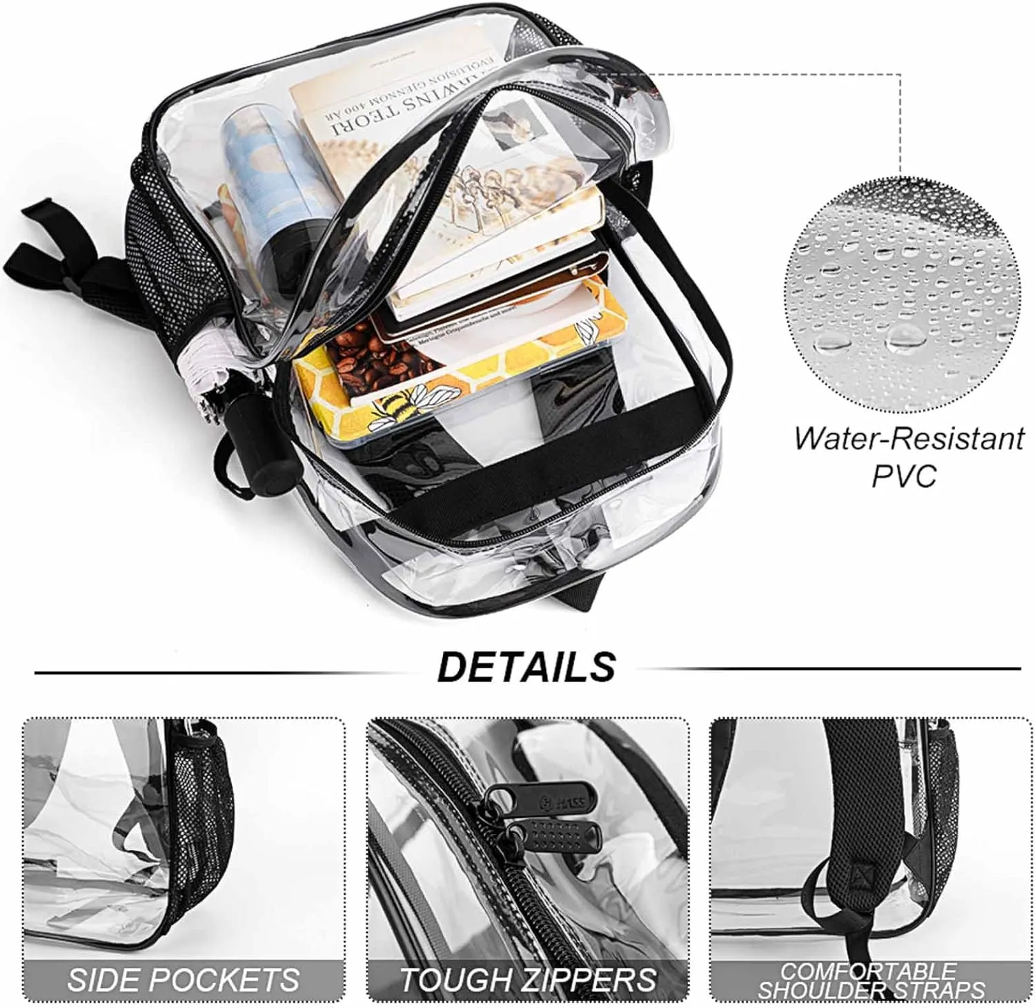 Burning Fire Flame on Black Transparent Fashion Waterproof PVC Transparent Backpack Unisex 17 Inches