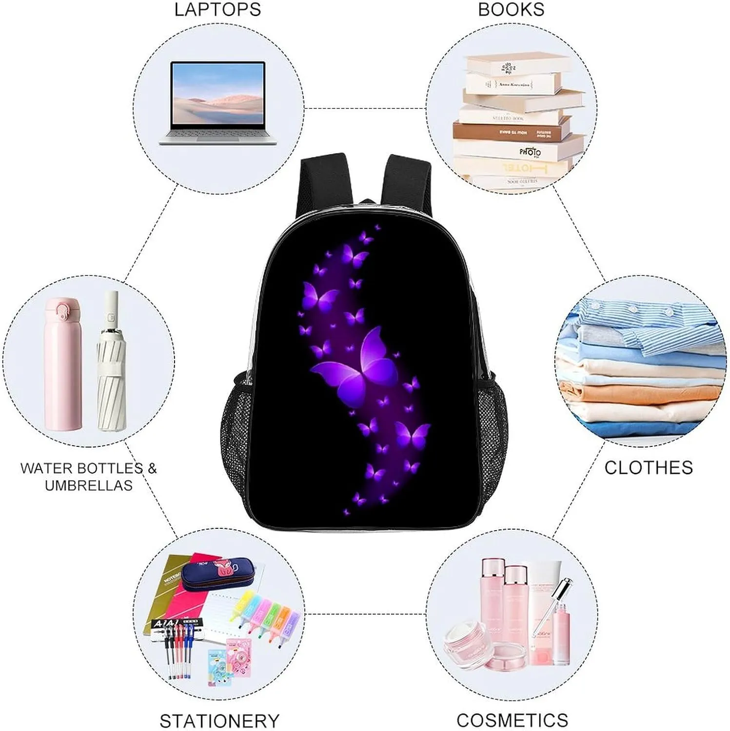 Butterfly Purple Black Transparent Fashion Waterproof PVC Transparent Backpack Unisex 17 Inches