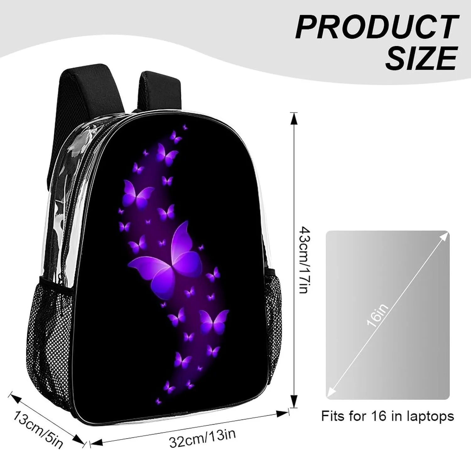Butterfly Purple Black Transparent Fashion Waterproof PVC Transparent Backpack Unisex 17 Inches