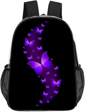 Butterfly Purple Black Transparent Fashion Waterproof PVC Transparent Backpack Unisex 17 Inches