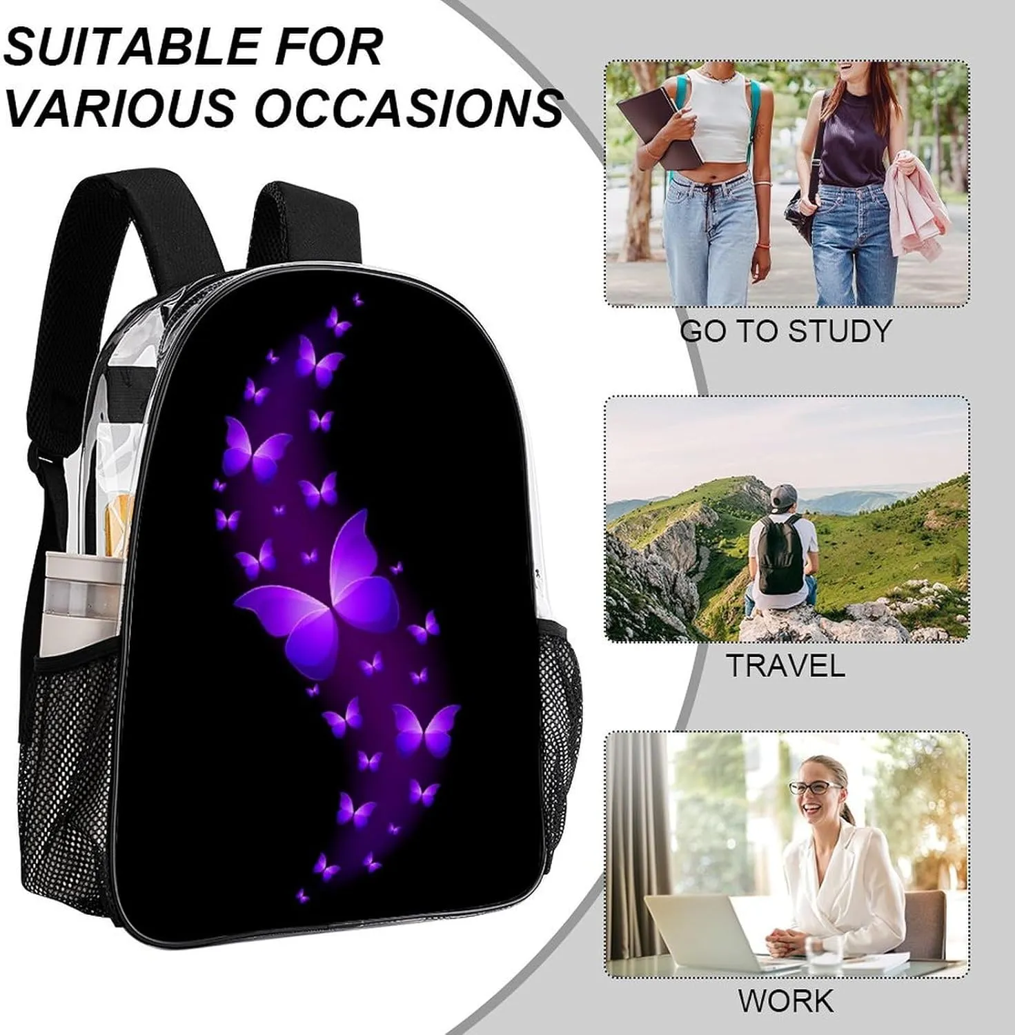 Butterfly Purple Black Transparent Fashion Waterproof PVC Transparent Backpack Unisex 17 Inches