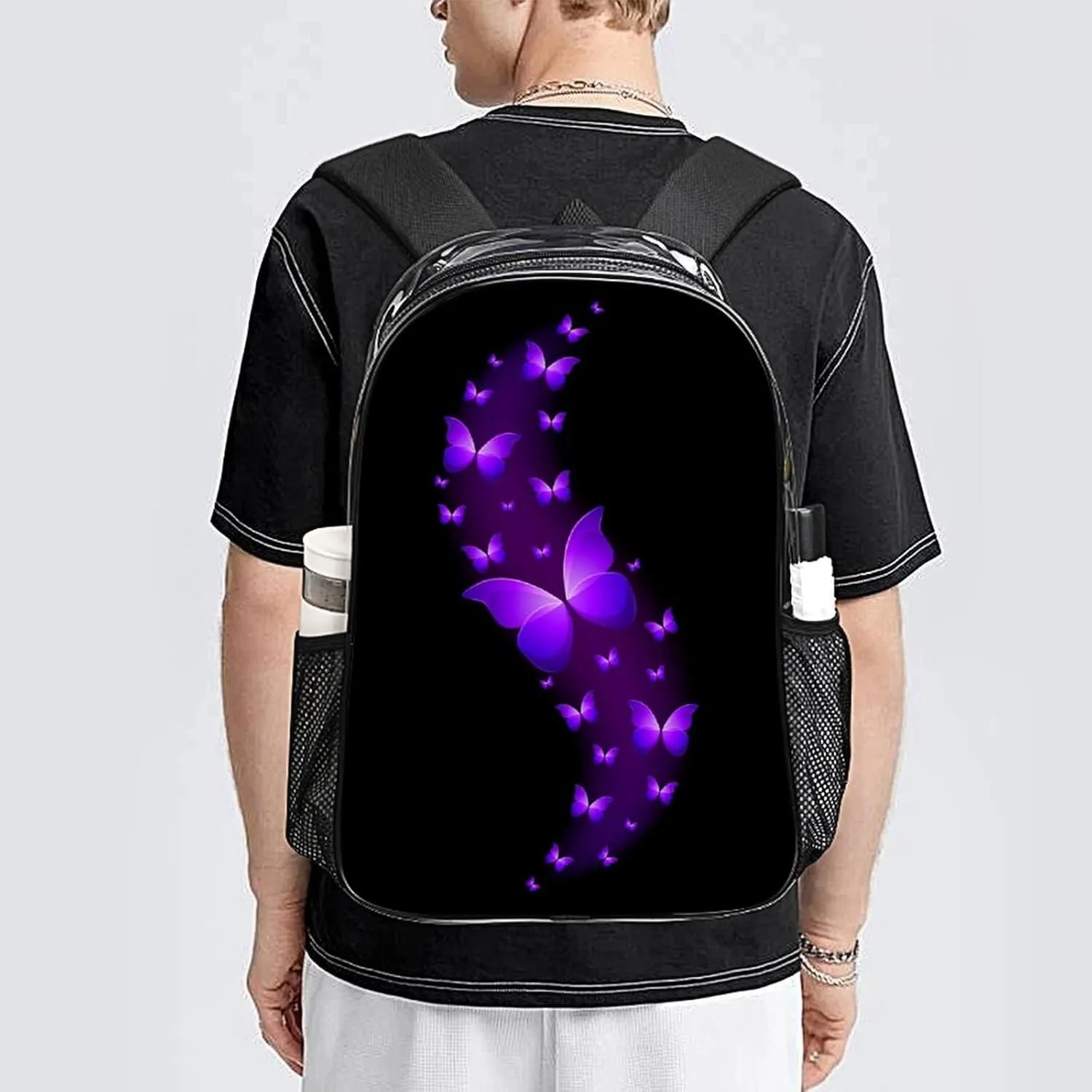 Butterfly Purple Black Transparent Fashion Waterproof PVC Transparent Backpack Unisex 17 Inches