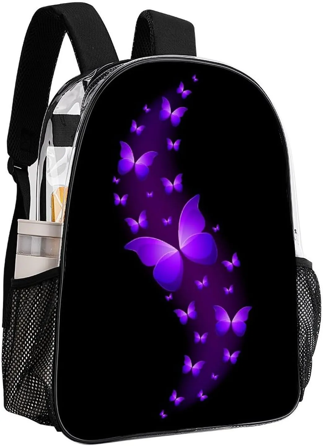 Butterfly Purple Black Transparent Fashion Waterproof PVC Transparent Backpack Unisex 17 Inches