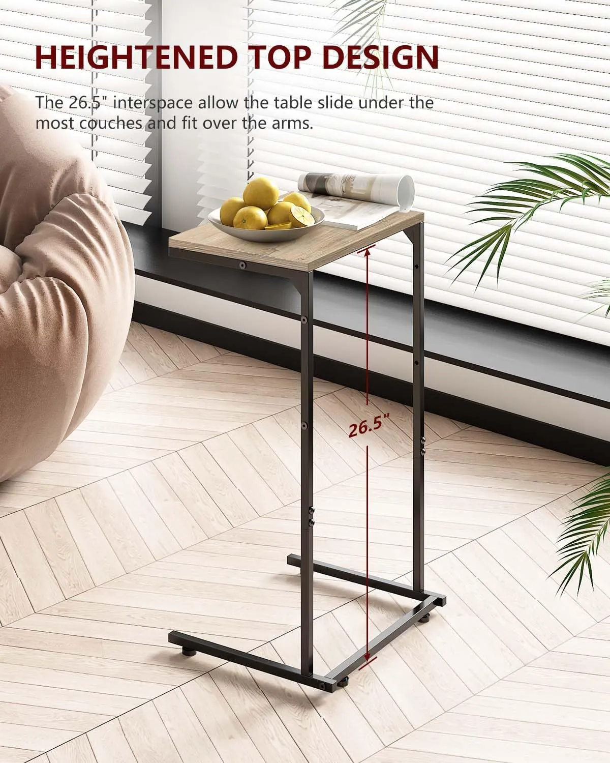 C Shaped End Table with Charging Station, Small Side Table with Storage Bag for Couch and Recliner, Slide Under Sofa Tray for Living Room, Bedroom, Greige