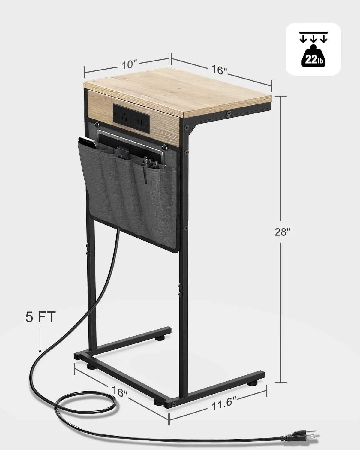 C Shaped End Table with Charging Station, Small Side Table with Storage Bag for Couch and Recliner, Slide Under Sofa Tray for Living Room, Bedroom, Greige
