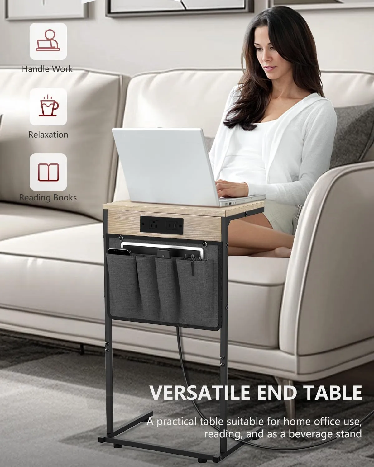 C Shaped End Table with Charging Station, Small Side Table with Storage Bag for Couch and Recliner, Slide Under Sofa Tray for Living Room, Bedroom, Greige