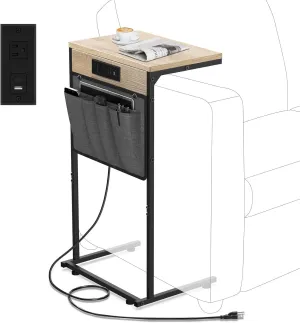 C Shaped End Table with Charging Station, Small Side Table with Storage Bag for Couch and Recliner, Slide Under Sofa Tray for Living Room, Bedroom, Greige