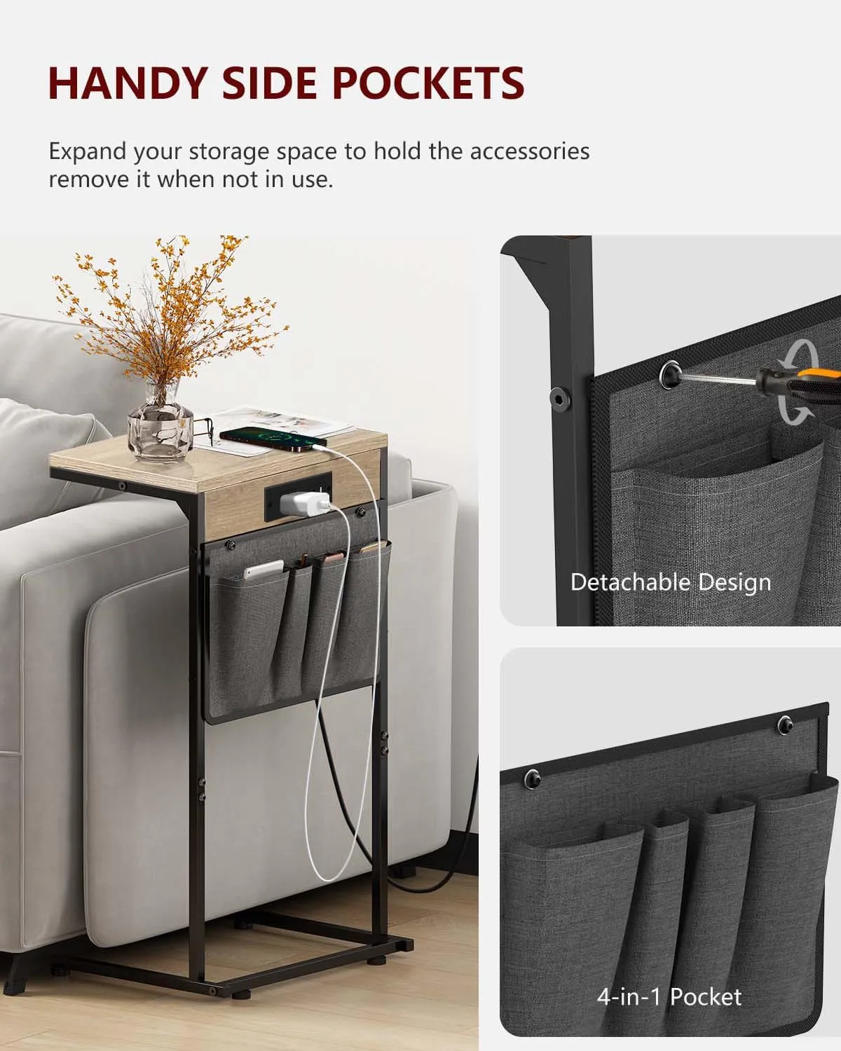 C Shaped End Table with Charging Station, Small Side Table with Storage Bag for Couch and Recliner, Slide Under Sofa Tray for Living Room, Bedroom, Greige