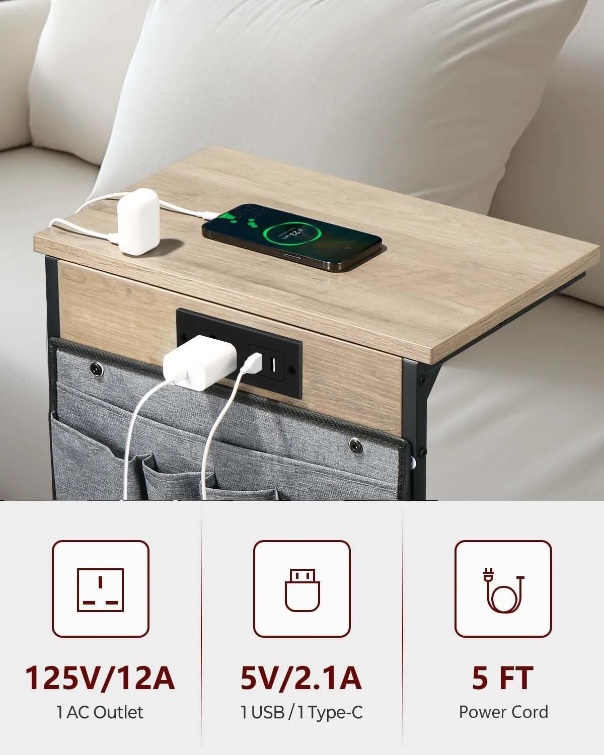 C Shaped End Table with Charging Station, Small Side Table with Storage Bag for Couch and Recliner, Slide Under Sofa Tray for Living Room, Bedroom, Greige