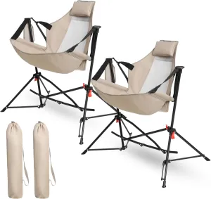 Camping Chair, Folding Portable Rocking Chair, Aluminum Alloy Adjustable Back Swinging Chair with Pillow Cup Holder, Recliner with Carry Bag for Outdoor Travel Lawn Backyard, Khaki (2pcs)