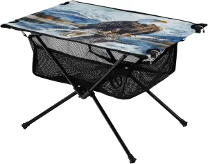 Camping Table Lightweight Portable Folding Table with Mesh Storage Net Eagle Vulture Snow Capped Mountain Ideal for Camping Hiking Beach Picnic Travel Backyard