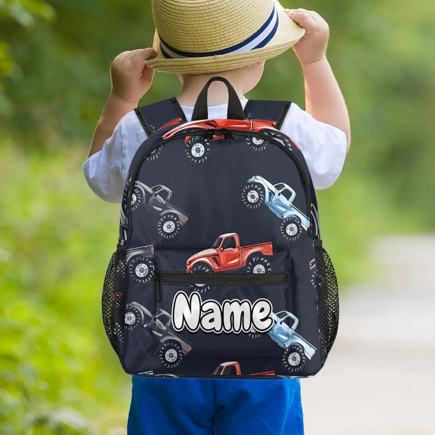 Cars Monster Truck Personalized Backpack Bag with Name Lightweight Custom Shoulder Bags Waterproof Casual Backpacks Travel Laptop Bag for Work Picnic 12in