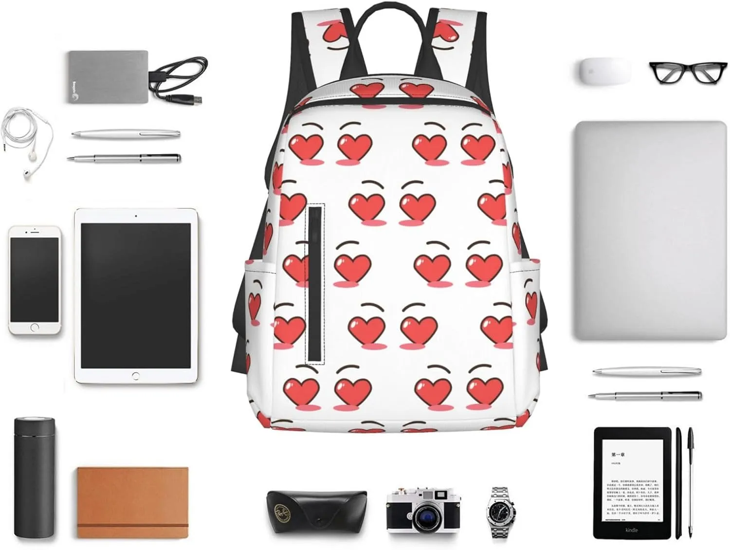 Cartoon Cute Love Hearts Eyes Casual Backpacks Large Capacity Laptop Backpack Sports Fitness Rucksack Travel Carry-On Daypack Adjustable Shoulder Strap Work Bag for Outdoor Camping