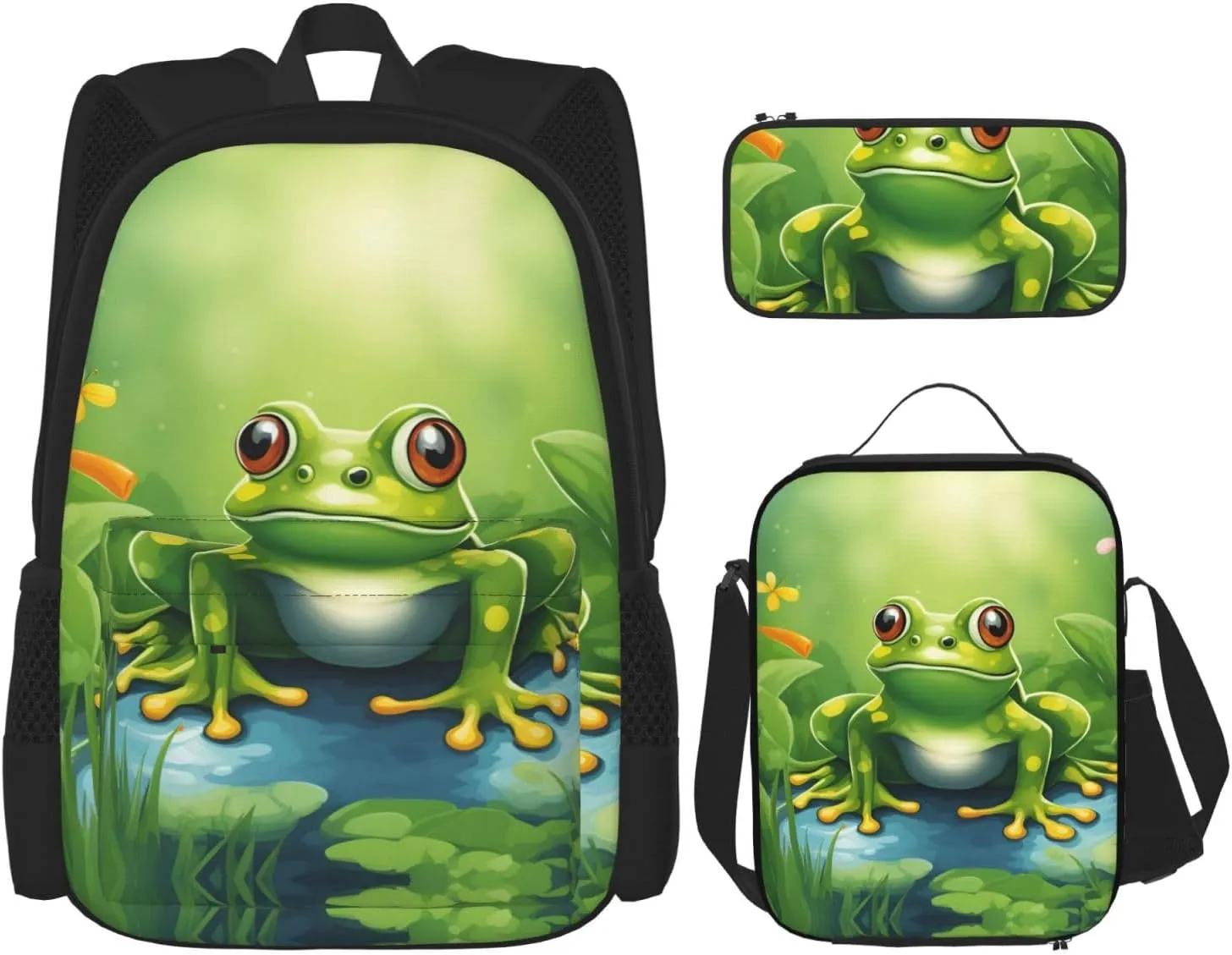 Cartoon Frog 1 Print Versatile Adjustable Shoulder Fashion Backpack Lunch Bag Pencil Case Large Capacity