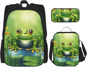 Cartoon Frog 1 Print Versatile Adjustable Shoulder Fashion Backpack Lunch Bag Pencil Case Large Capacity