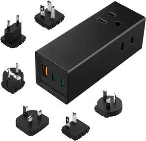 Ceptics 65W World Travel Adapter 3 USB Ports PD 3.0 Ultra Compact Charger 2 US Outlets [GaN Tech], Quick Type C, Charge Laptops, Cellphones in Europe, Asia, Africa, America and More