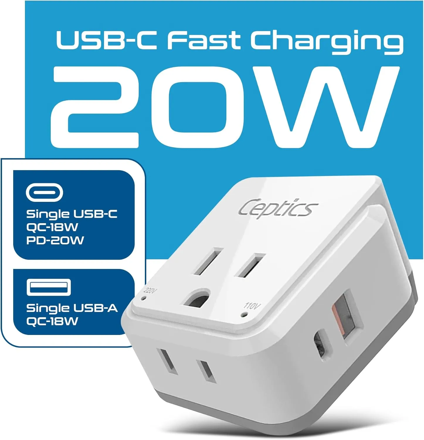 Ceptics Thailand Travel Adapter Set, PAK KIT 20W PD & QC, Type O - 3.1A - 4 in 1-2 USA Inputs, 1 USB Port, 1 USB-C Port - Compact, Powerful - Includes Type O Swadapt Attachments