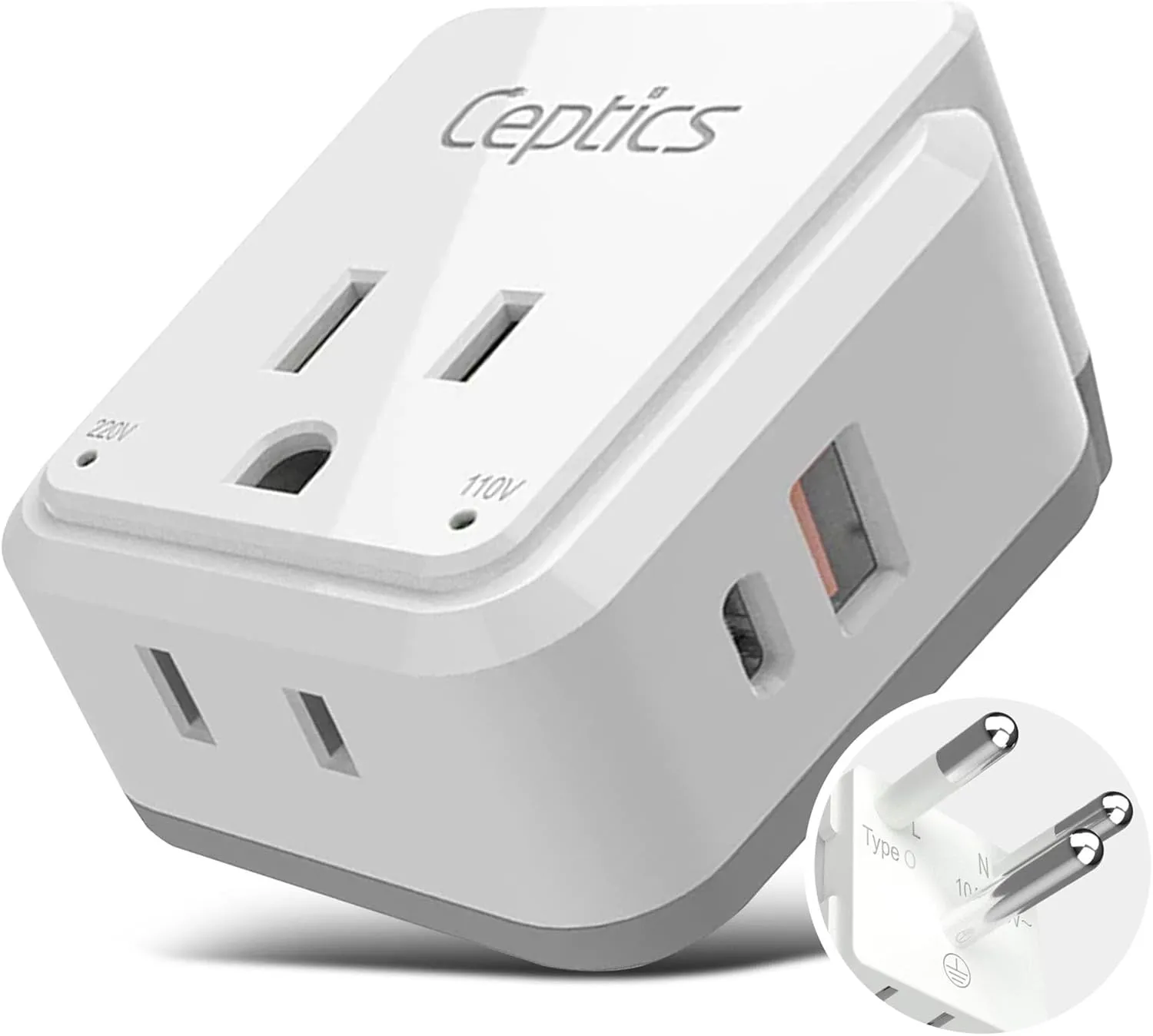 Ceptics Thailand Travel Adapter Set, PAK KIT 20W PD & QC, Type O - 3.1A - 4 in 1-2 USA Inputs, 1 USB Port, 1 USB-C Port - Compact, Powerful - Includes Type O Swadapt Attachments