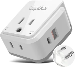 Ceptics Thailand Travel Adapter Set, PAK KIT 20W PD & QC, Type O - 3.1A - 4 in 1-2 USA Inputs, 1 USB Port, 1 USB-C Port - Compact, Powerful - Includes Type O Swadapt Attachments