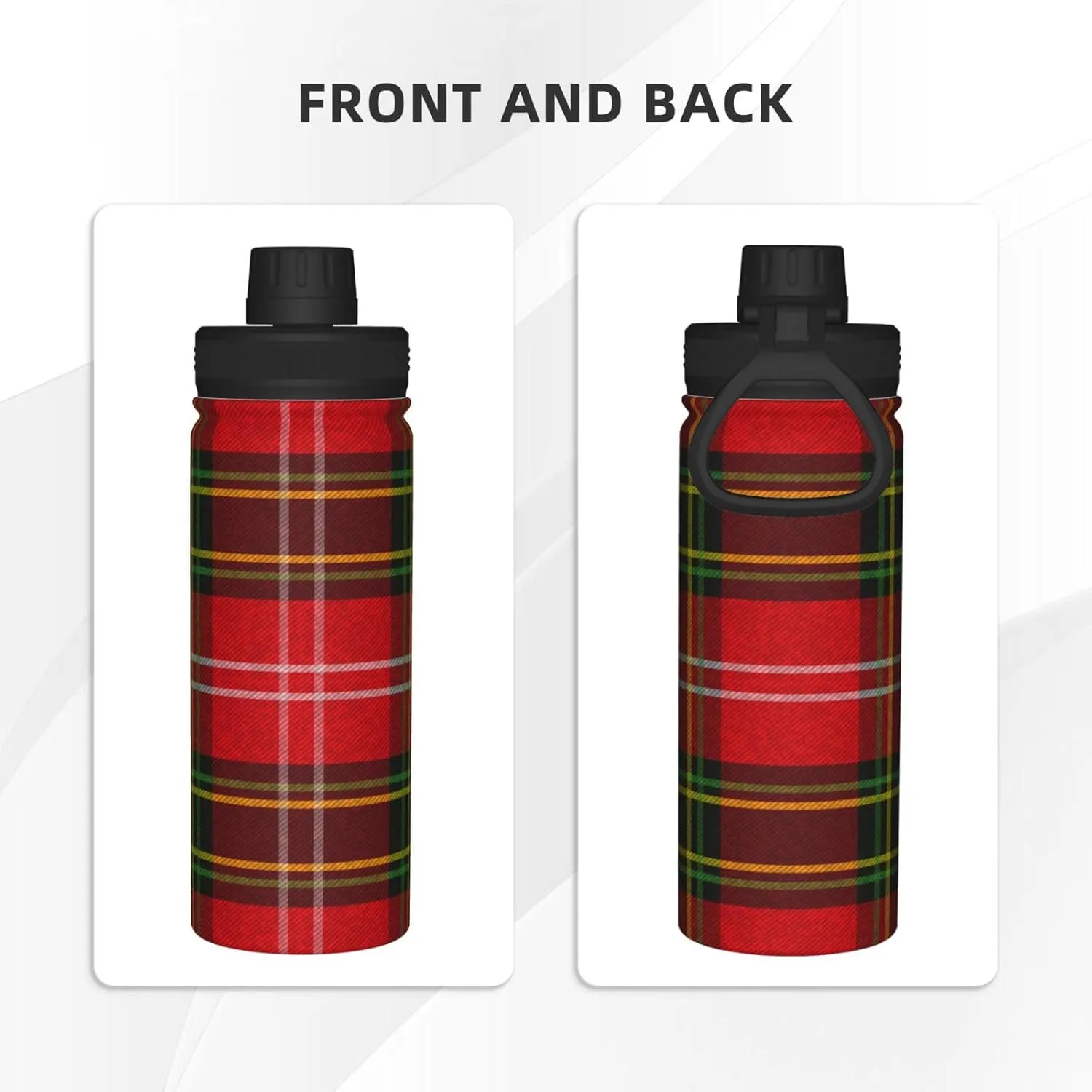Christmas Red Green Plaid Sports Water Bottle 18 Oz, Xmas Checked Insulated Stainless Steel Water Jug Fitness, Sport Flask for Outdoor Running Cycling