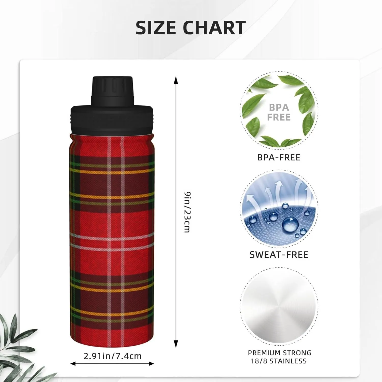 Christmas Red Green Plaid Sports Water Bottle 18 Oz, Xmas Checked Insulated Stainless Steel Water Jug Fitness, Sport Flask for Outdoor Running Cycling