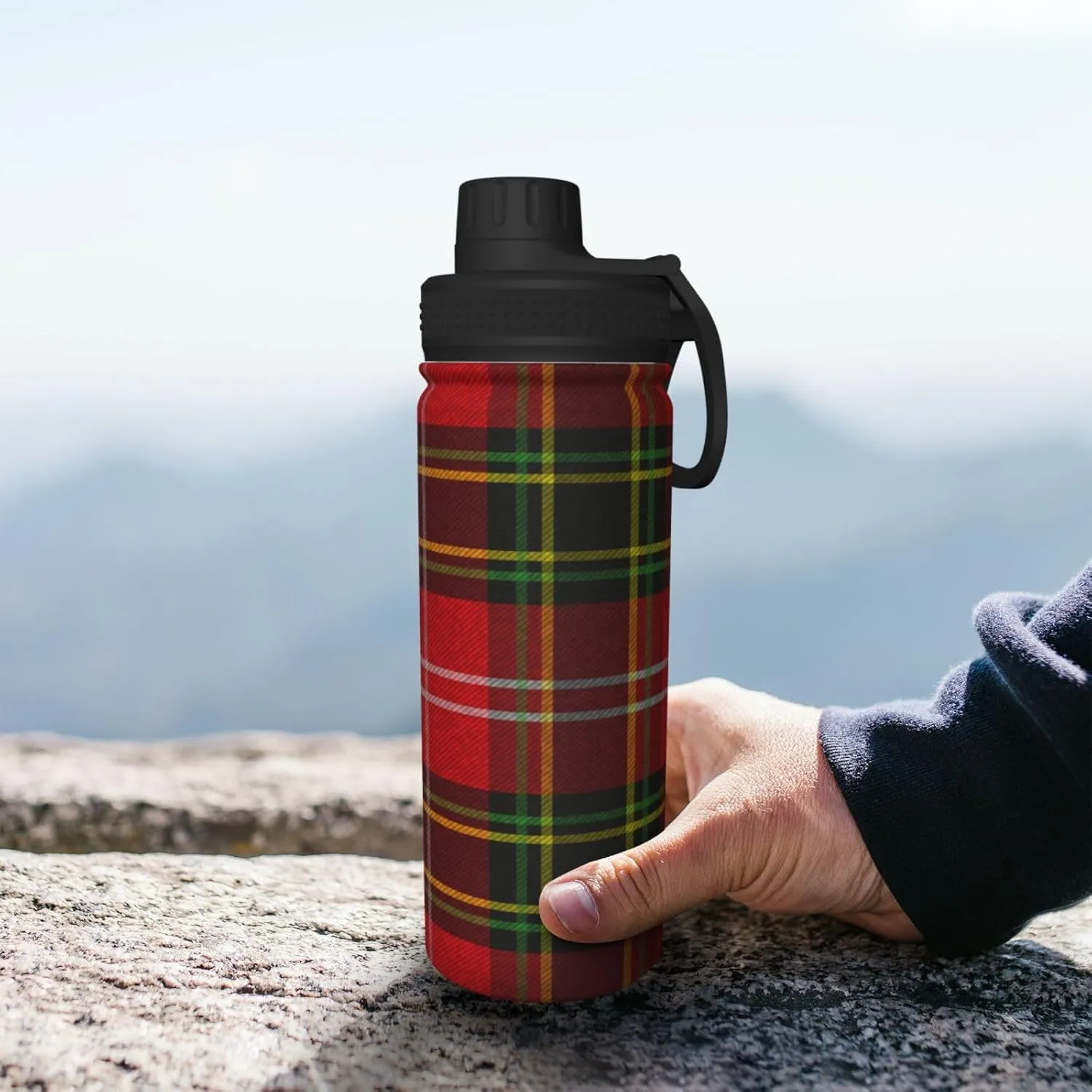 Christmas Red Green Plaid Sports Water Bottle 18 Oz, Xmas Checked Insulated Stainless Steel Water Jug Fitness, Sport Flask for Outdoor Running Cycling