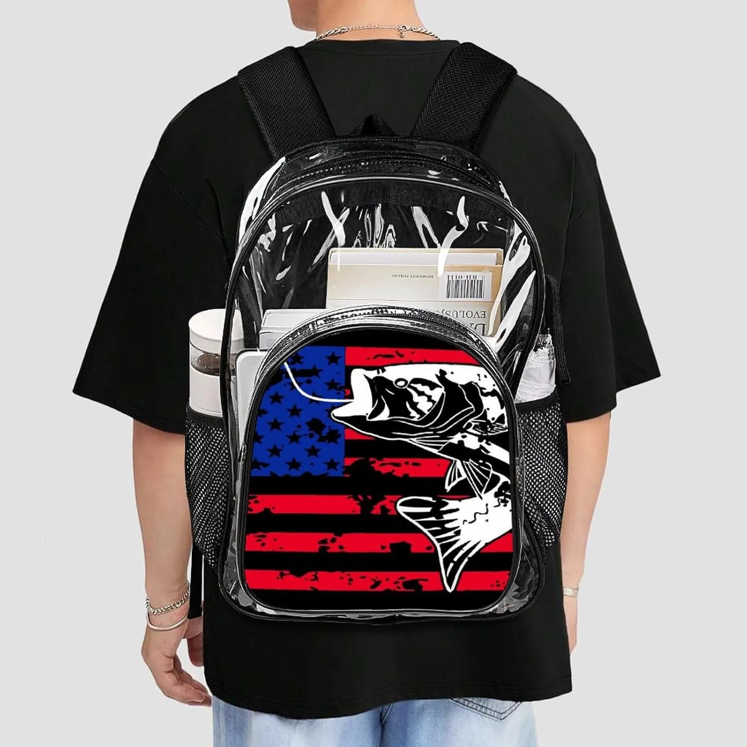 Clear Backpack American Bass Fishing Lure Flag Clear Transparent Backpack for Concert, Beach, Work, Travel & Sporting