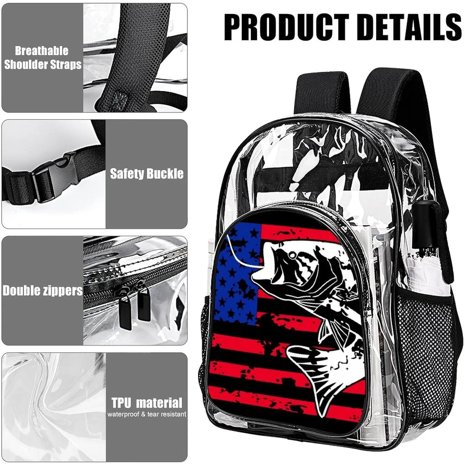 Clear Backpack American Bass Fishing Lure Flag Clear Transparent Backpack for Concert, Beach, Work, Travel & Sporting