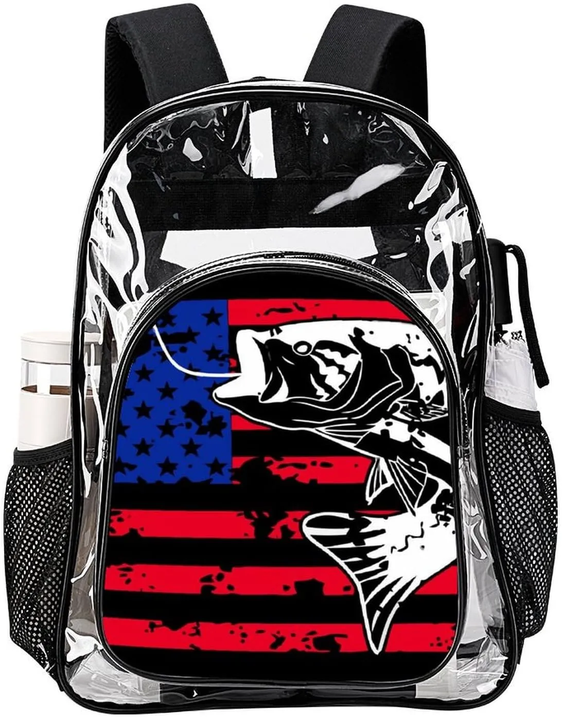 Clear Backpack American Bass Fishing Lure Flag Clear Transparent Backpack for Concert, Beach, Work, Travel & Sporting