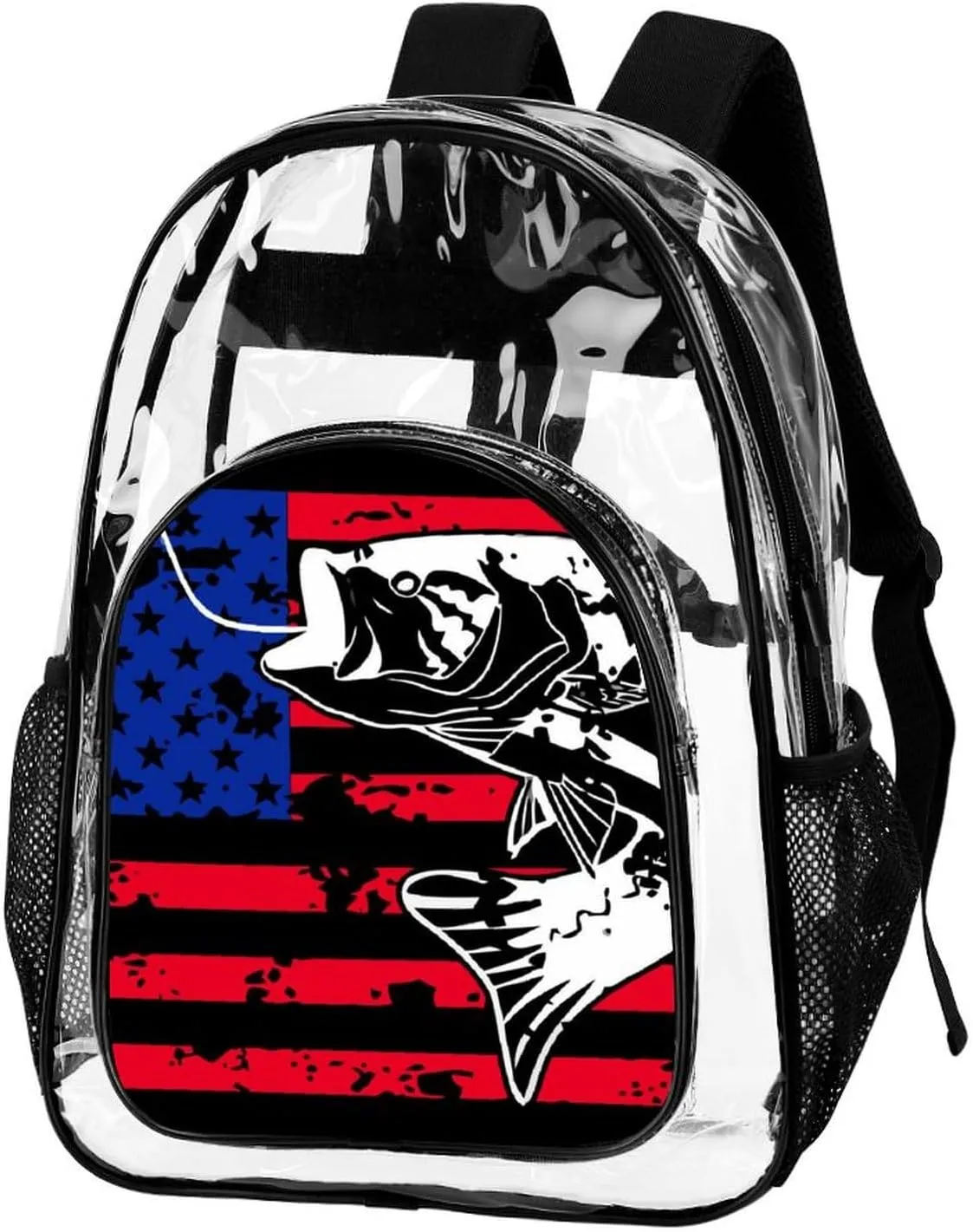 Clear Backpack American Bass Fishing Lure Flag Clear Transparent Backpack for Concert, Beach, Work, Travel & Sporting