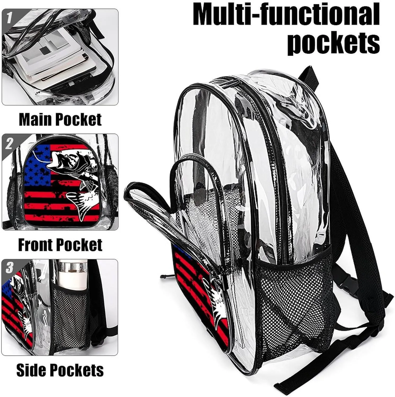 Clear Backpack American Bass Fishing Lure Flag Clear Transparent Backpack for Concert, Beach, Work, Travel & Sporting