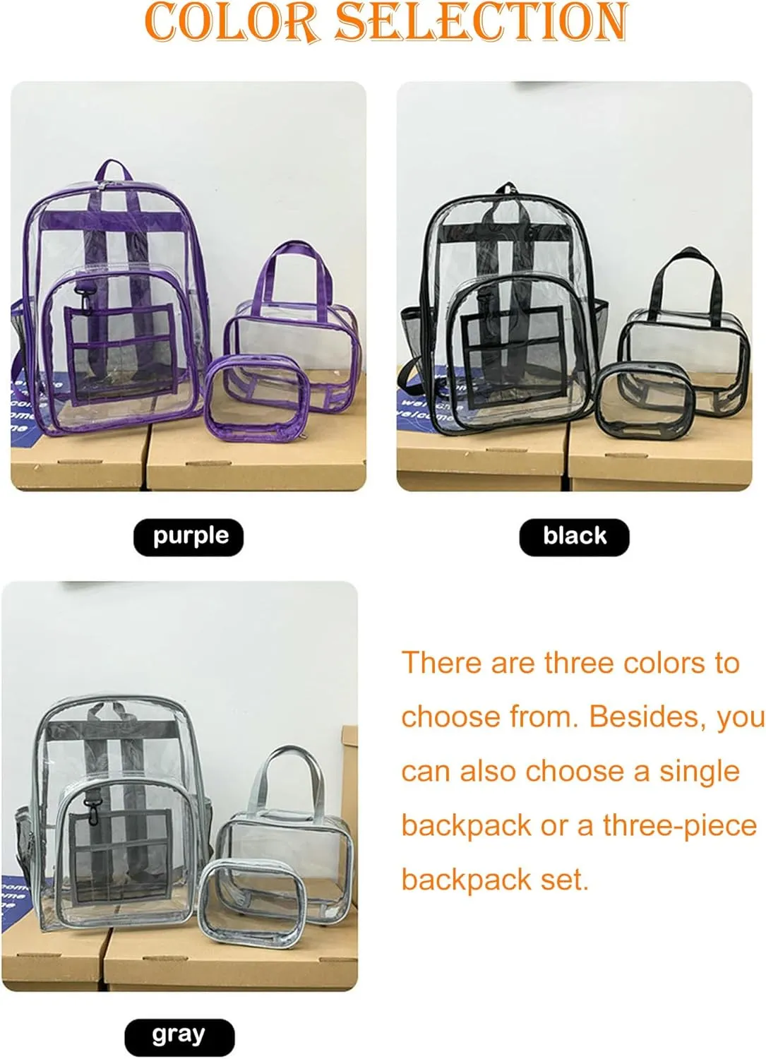 Clear Backpack PVC Shoulder Bag, Heavy Duty Transparent Rucksack See Through Bag for School Sports and Travel, Gray Three-piece Set, L