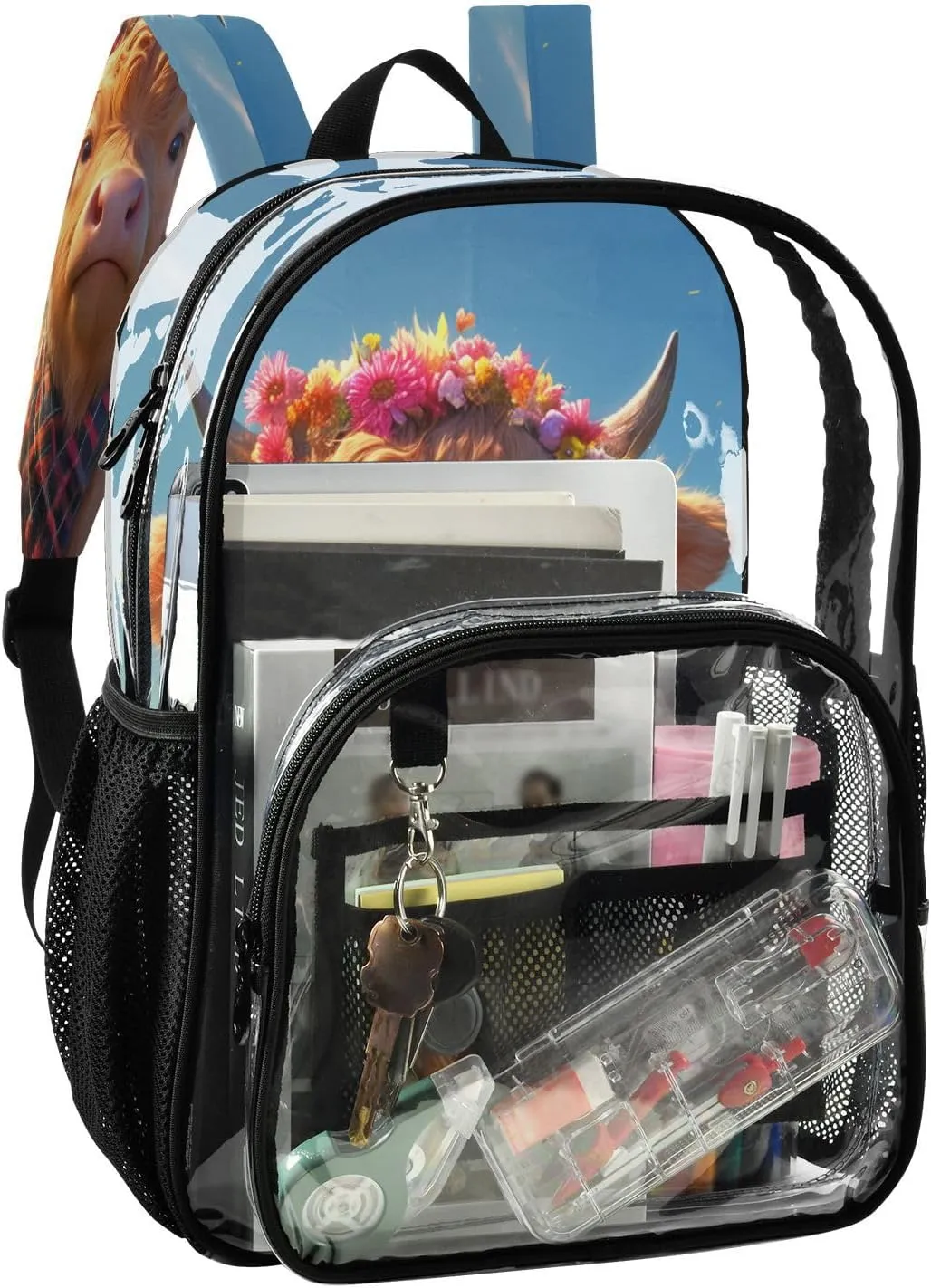 Clear Kid Backpack Kid Clear Backpack For Teen Girls Transparent Seethrough Heavy Duty Bags A Highland Calf with A Flower Crown Standing in A Grassy Field