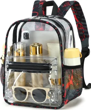 Clear Mini Backpack for Stadium Events 12x12x6 Small Transparent Backpacks Plastic See Through Clear Bag for Concerts Work (C-Graffiti red)