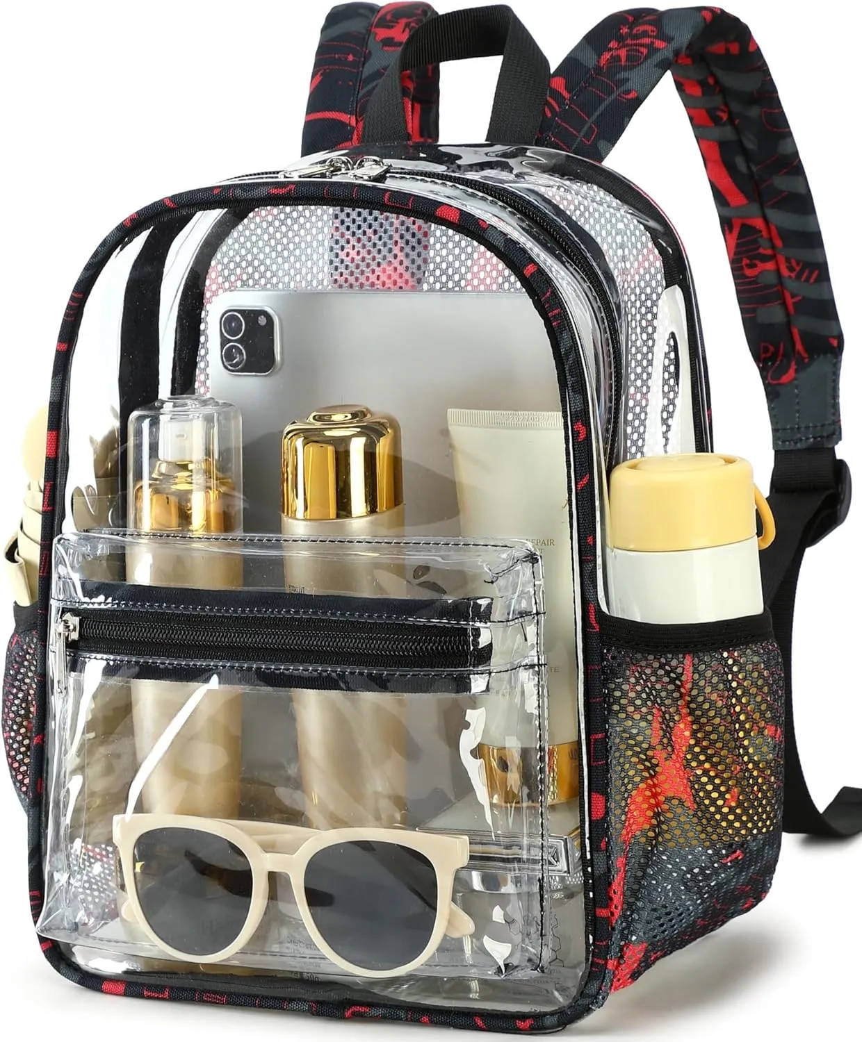 Clear Mini Backpack for Stadium Events 12x12x6 Small Transparent Backpacks Plastic See Through Clear Bag for Concerts Work (C-Graffiti red)