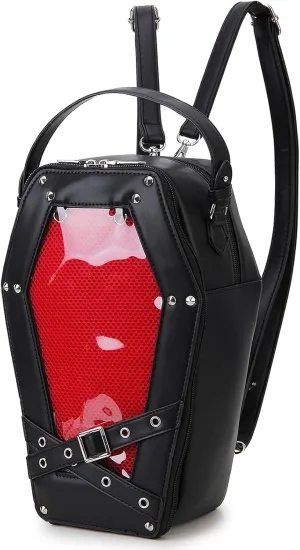 Coffin Shaped Gothic Ita Backpack Clear Window Women Handbag and Crossbody Bag with Inserts for Pins Display (Pins Not Included)
