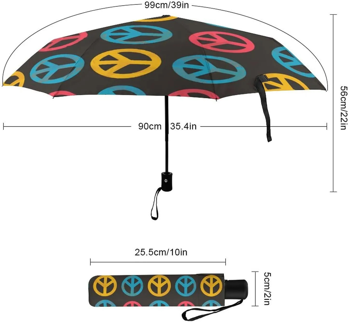 Colorful Peace Sign Folding Umbrella Cute Windproof Umbrella Compact Auto Open/Close