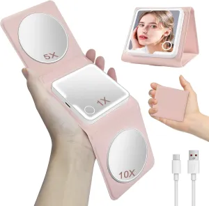 Compact Travel Makeup Mirror, 1x/5x/10x Magnification LED Lighted Mirror, Mini Hand Held Pocket Vanity Mirror with Lights, Touch Button & Portable Mirror, Gifts for Mom(Pink)
