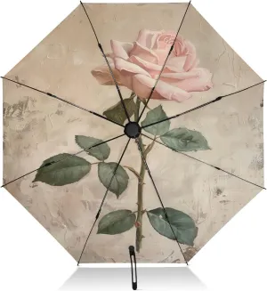 Compact Umbrella, Windproof Umbrella, Automatic Open/close, Compact Size for Women Backpacks/Handbags, Vintage Oil Painting Pink Rose