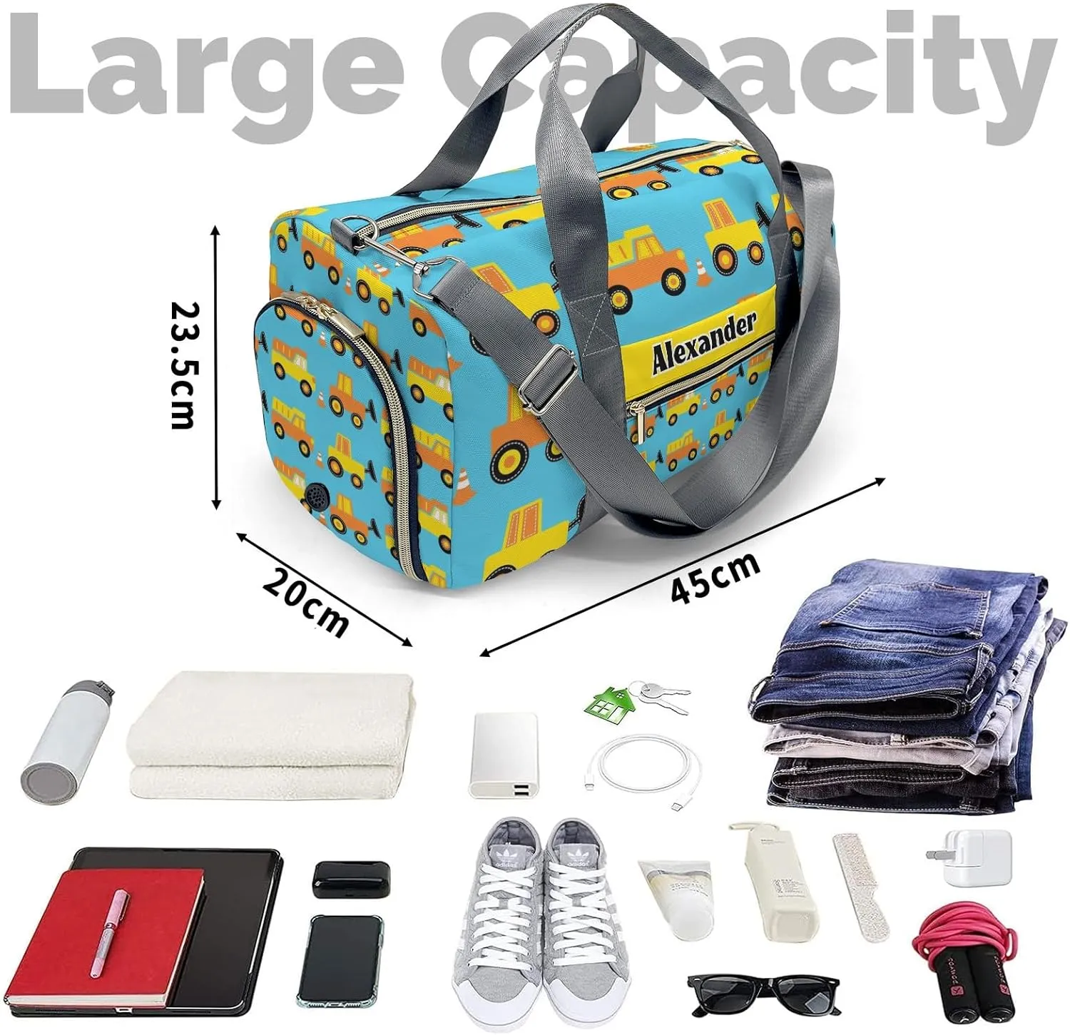 Construction Truck Personalized Kids Duffel Swim Bag for Boys,Customized Swim Duffle Bag for Boys Man Kids Gifts